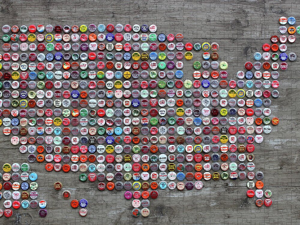 Soda Jigsaw Puzzle featuring the mixed media Soda Pop Bottle Cap Map of The United States of America by Design Turnpike