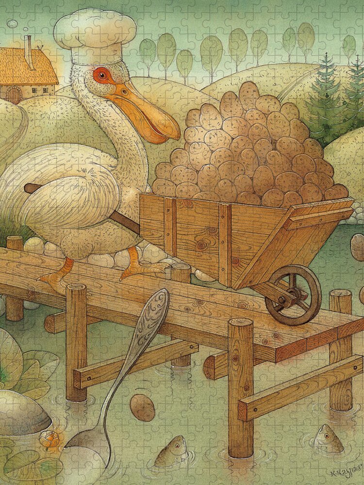 Lake Pelican Birds Autumn Water Food Cook Kitchen Dinner Jigsaw Puzzle featuring the painting Soup in the Lake by Kestutis Kasparavicius
