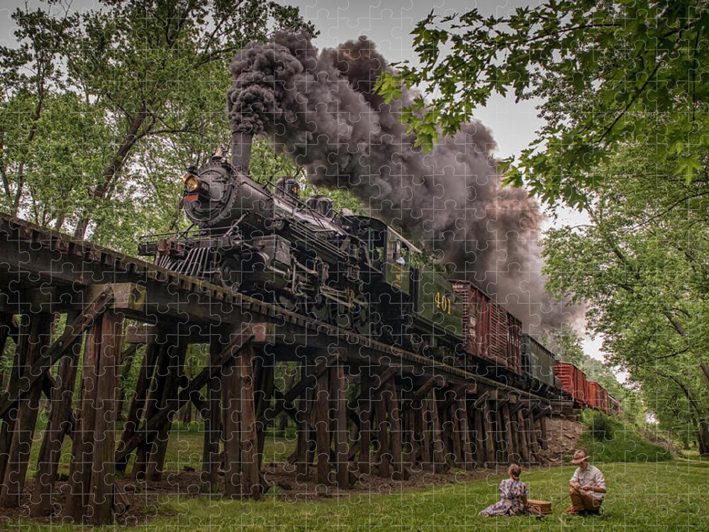 #railroad #railroads Train #trains Jigsaw Puzzle featuring the photograph Southern Steam engine 401 heads across the Camp Creek Trestle by Jim Pearson