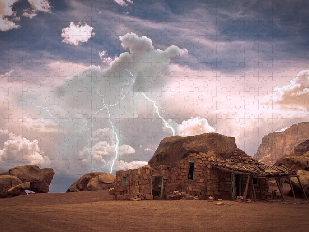 Lightning Strikes; Lightning; Nature; Landscapes; Southwest Desert; Rustic; Thunderstorms; Fine Art Jigsaw Puzzle featuring the photograph Southwest Navajo Rock House and Lightning Strikes by James BO Insogna