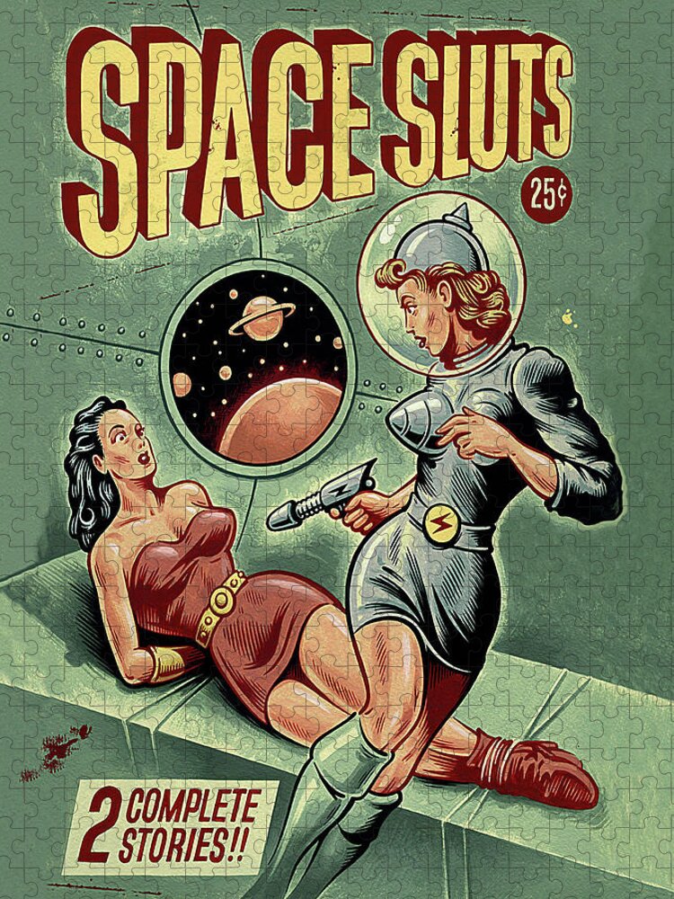 Space Sluts Jigsaw Puzzle featuring the painting Space Sluts, vintage sci-fi comic book cover by Long Shot
