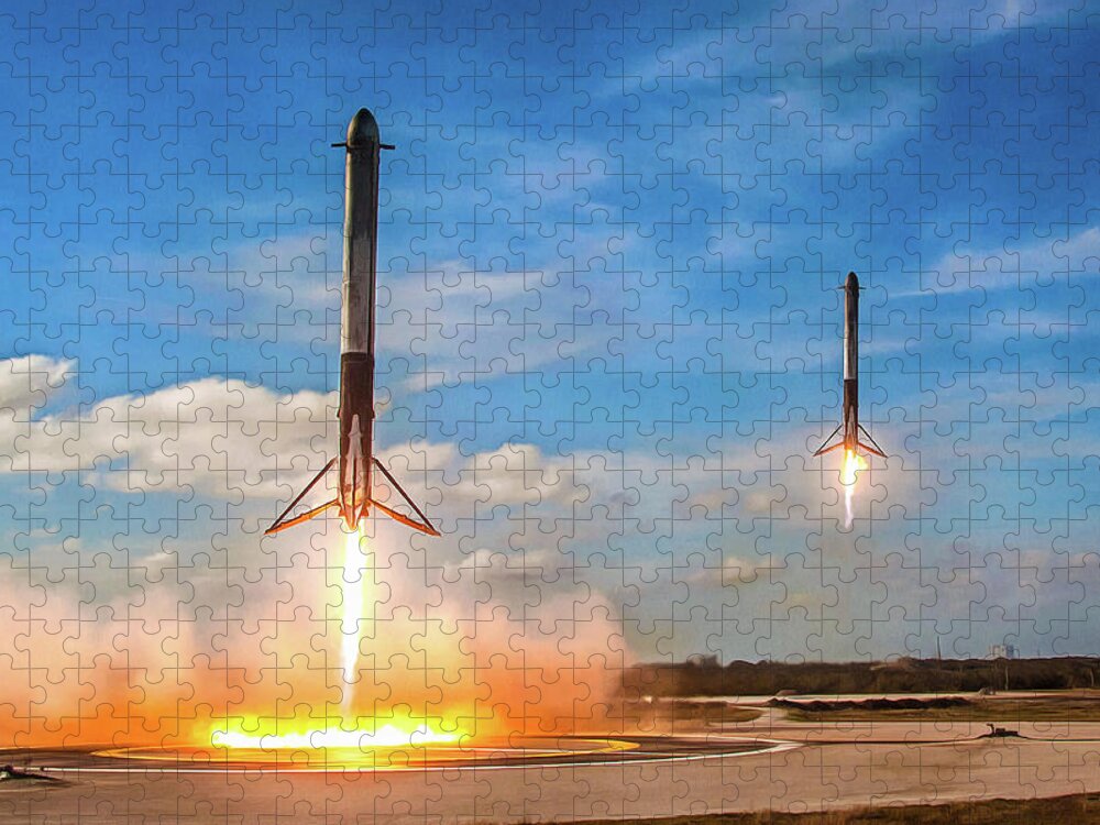 Spacex Jigsaw Puzzle featuring the photograph SpaceX Falcon Heavy booster landing by SpaceX