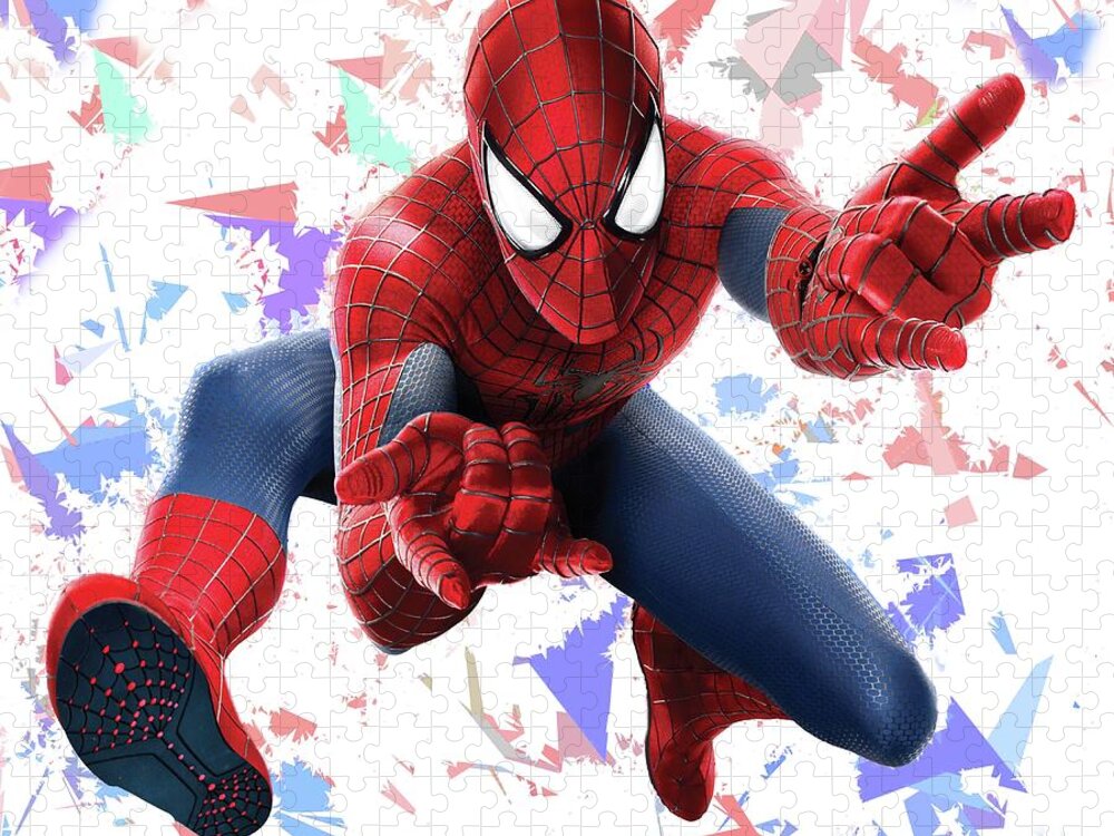 Spider Man Jigsaw Puzzle featuring the mixed media Spider Man Splash Super Hero Series by Movie Poster Prints