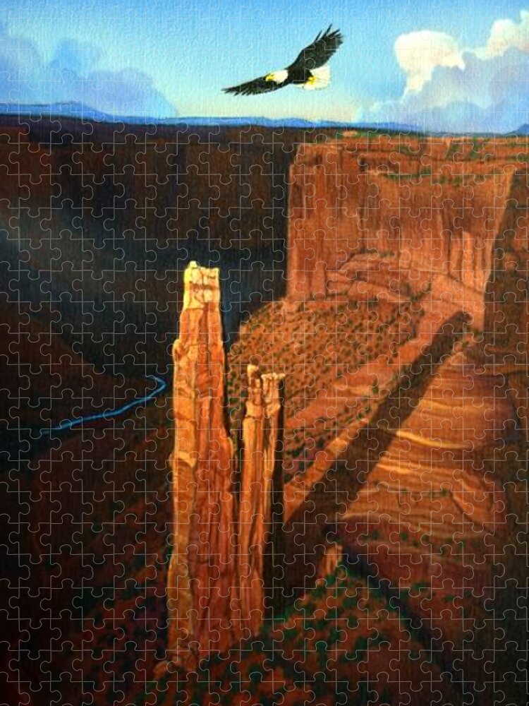 Landscape Paintings! Jigsaw Puzzle featuring the painting Spider Rock Canyon de Chelly by Jerry Bokowski