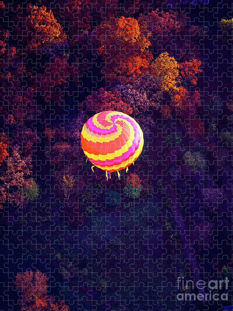 Spiral Jigsaw Puzzle featuring the photograph Spiral colored hot air balloon over fall tree tops Mchenry  by Tom Jelen