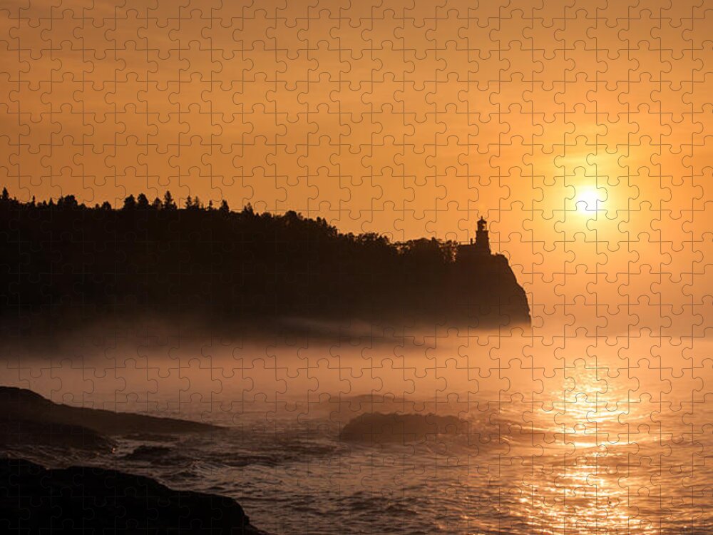 Atmosphere Jigsaw Puzzle featuring the photograph Split Rock's Morning Glow by Rikk Flohr