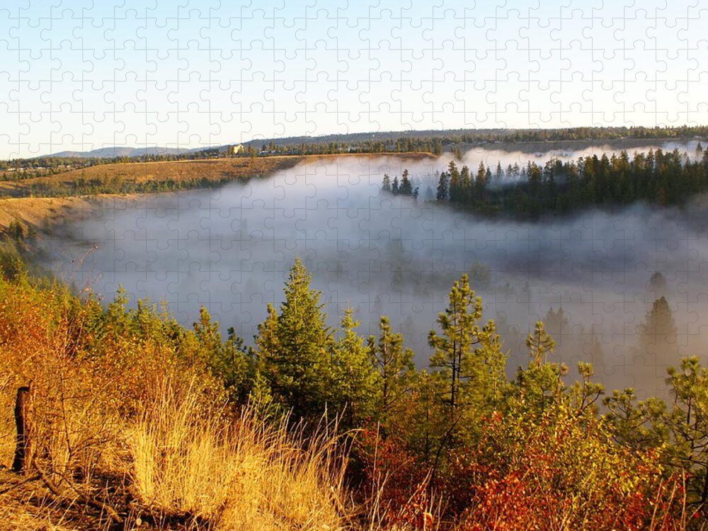 Spokane River Jigsaw Puzzle featuring the photograph Spokane River under a Misty Morning Blanket by Ben Upham III