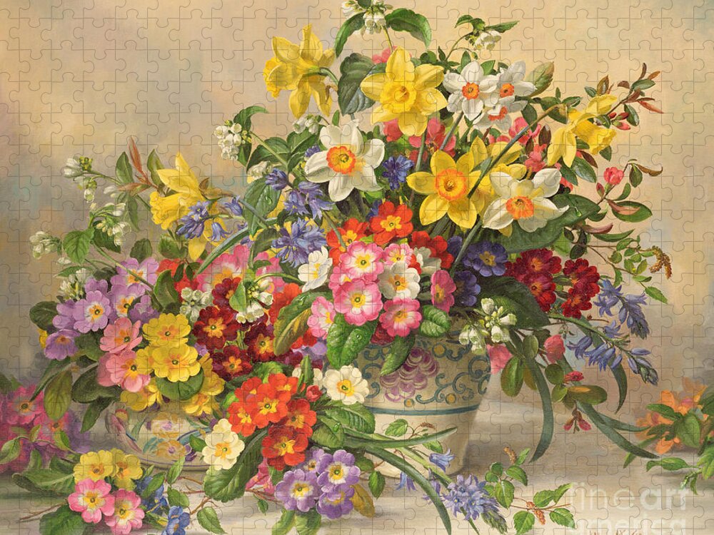 Primula; Daffodil; Primula; Narcissi; Spring Flowers; Flower; Flowers; Pool Pottery Jigsaw Puzzle featuring the painting Spring Flowers and Poole Pottery by Albert Williams