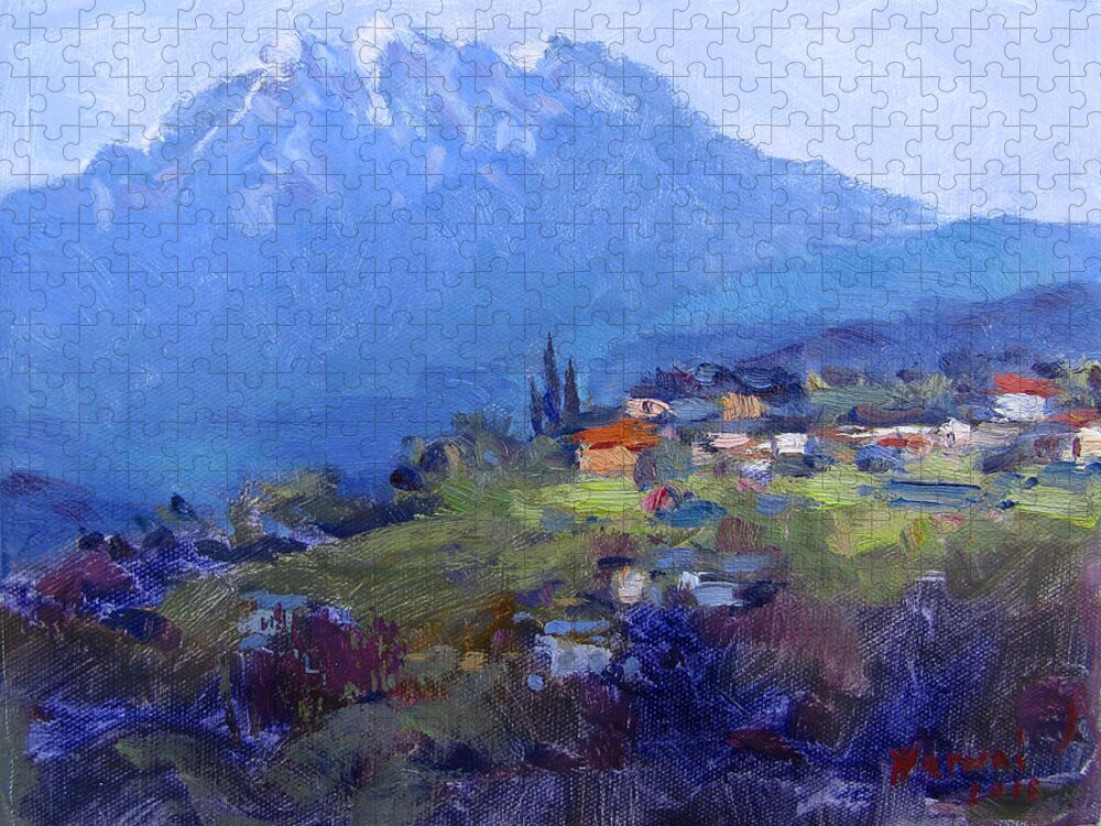 Tomorry Mountain Jigsaw Puzzle featuring the painting Spring in Harunas Village by Ylli Haruni