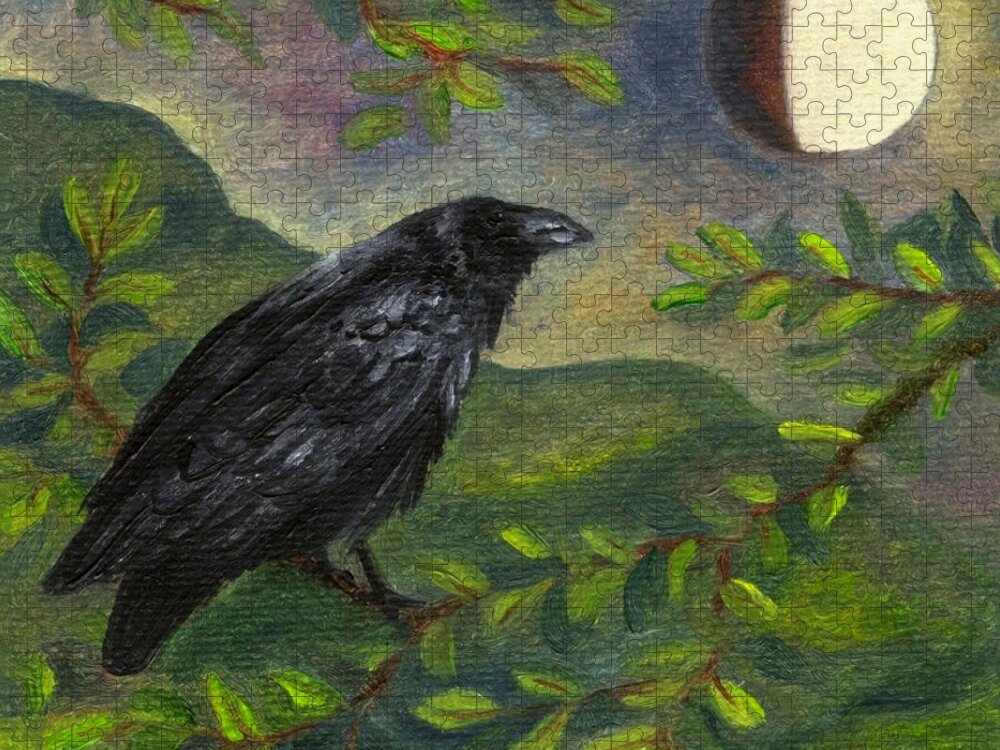 Lunar Jigsaw Puzzle featuring the painting Spring Moon Raven by FT McKinstry