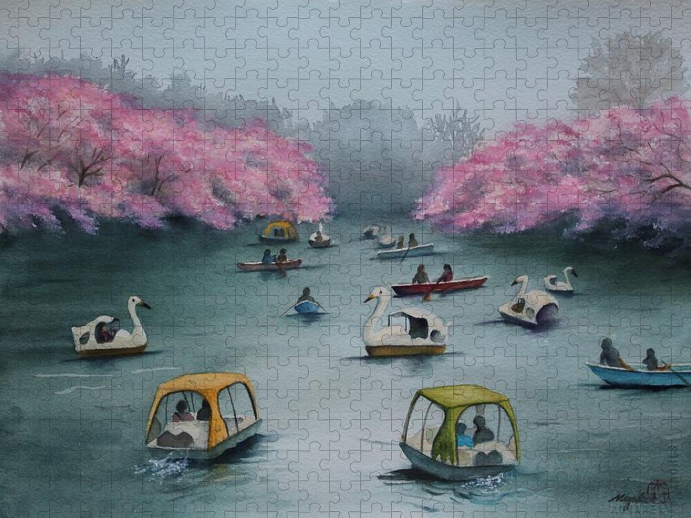 Sakura Jigsaw Puzzle featuring the painting Springtime Fun at Inokashira by Kelly Miyuki Kimura