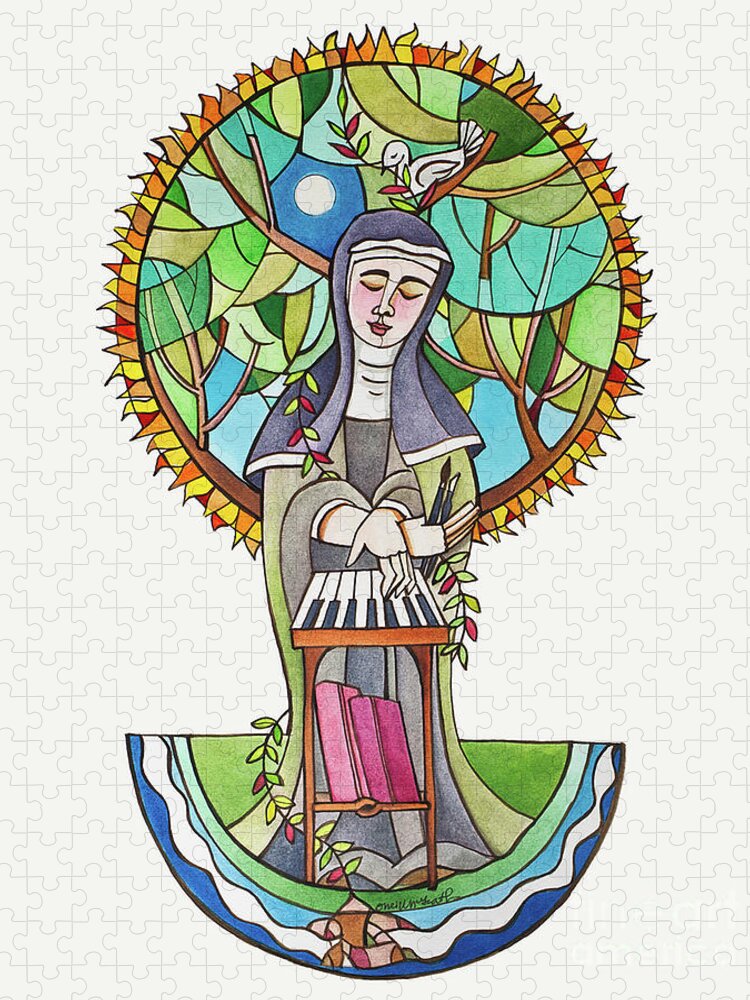 St. Hildegard Of Bingen Jigsaw Puzzle featuring the painting St. Hildegard of Bingen - MMHLD by Br Mickey McGrath OSFS