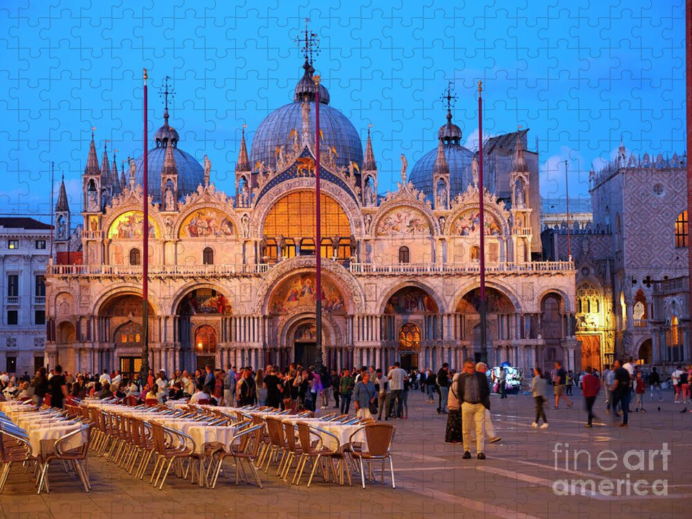 St Mark's Square Jigsaw Puzzle featuring the photograph St Mark's Square and the Basilica at night in Venice by Louise Heusinkveld