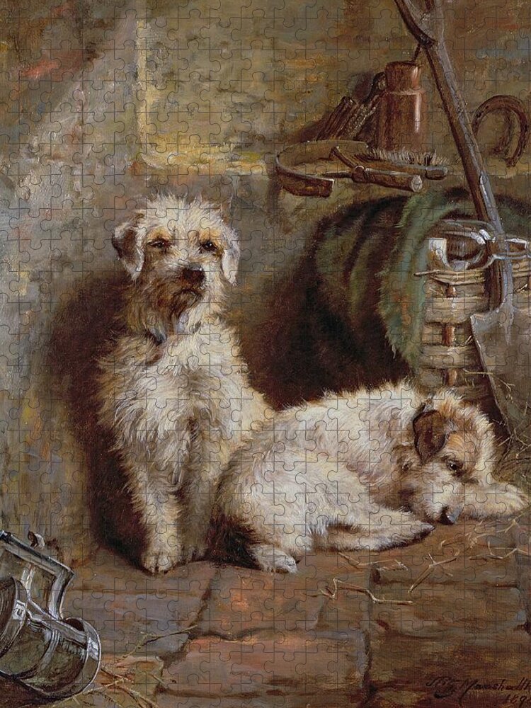 Dogs; Terriers; Tools; Stable; Basket; Spade; Lantern; Bottle; Horseshoe Jigsaw Puzzle featuring the painting Stablemates by John Fitz Marshall