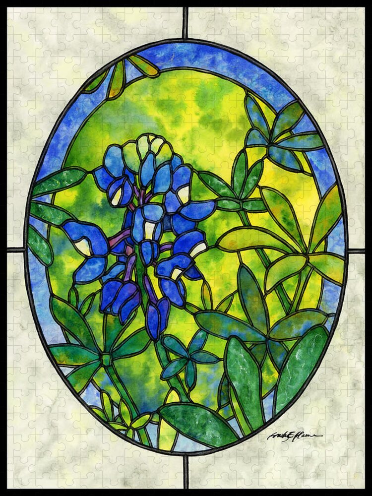 Stained Glass Jigsaw Puzzle featuring the painting Stained Glass Bluebonnet by Hailey E Herrera