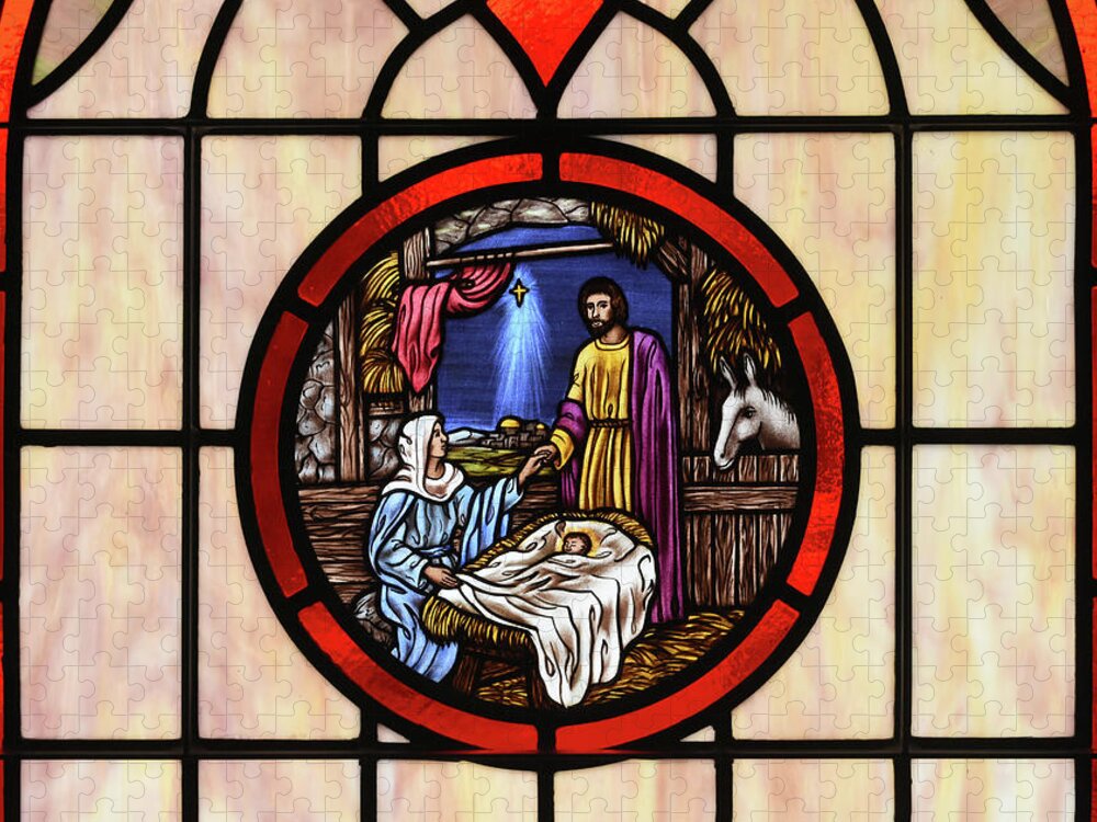 Stained Glass Nativity Window Jigsaw Puzzle featuring the photograph Stained Glass Nativity Window by Sandi OReilly