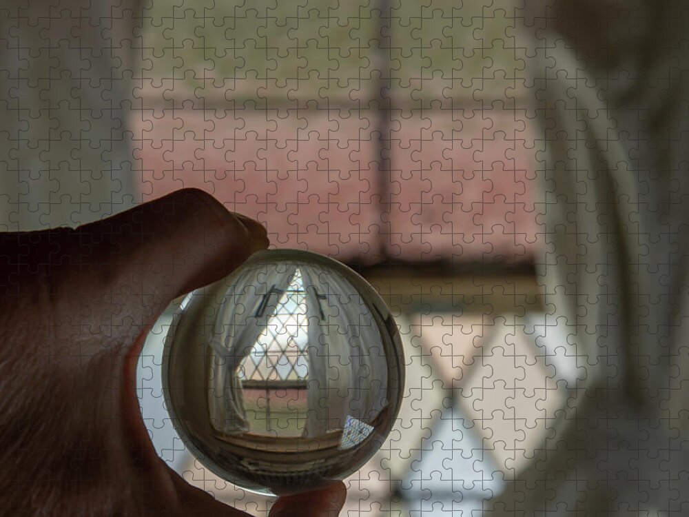 Abandoned Jigsaw Puzzle featuring the photograph Stained glass window with curtains in crystal ball by Karen Foley