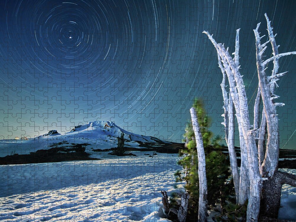 Landscape Jigsaw Puzzle featuring the photograph Star trails over Mt. Hood by William Lee