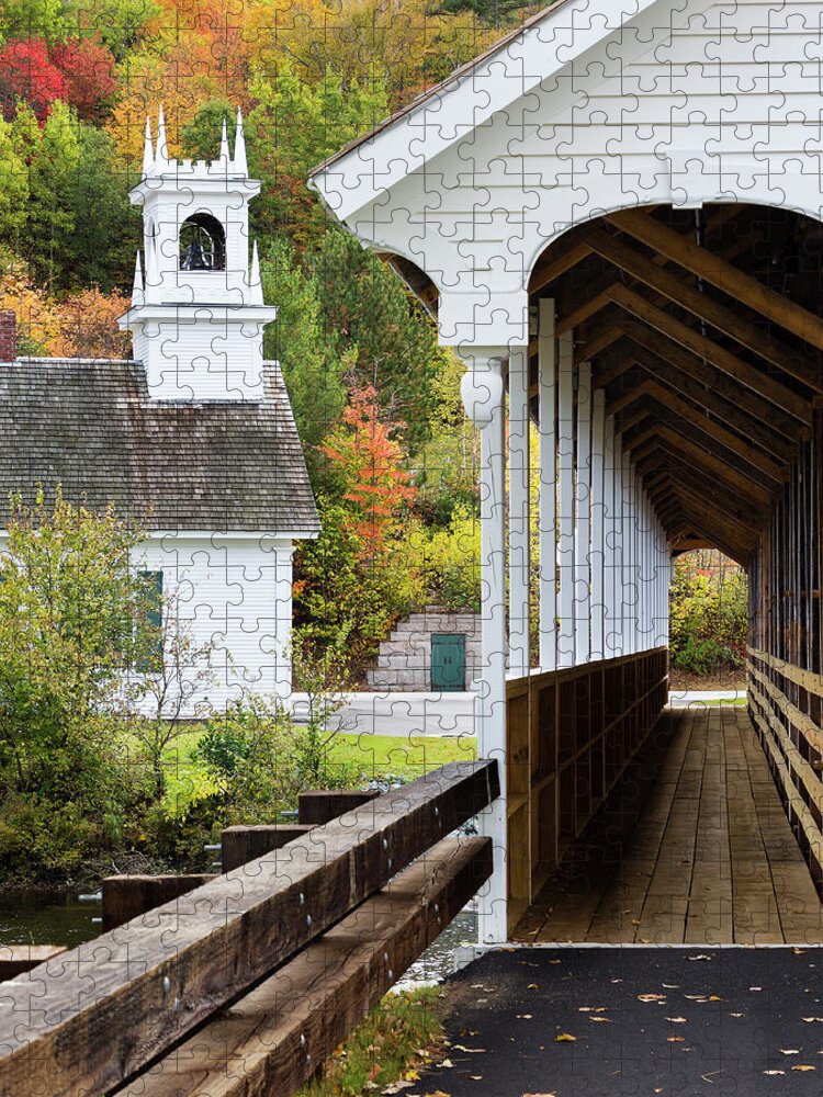 Historic Jigsaw Puzzle featuring the photograph Stark, NH Union Church and Covered Bridge by Betty Denise