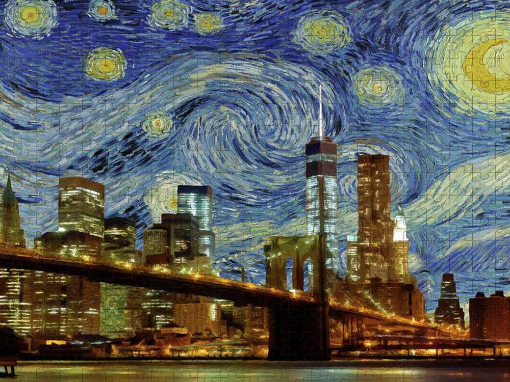 Starry Night Jigsaw Puzzle featuring the painting Starry Night Brooklyn Bridge by Movie Poster Prints