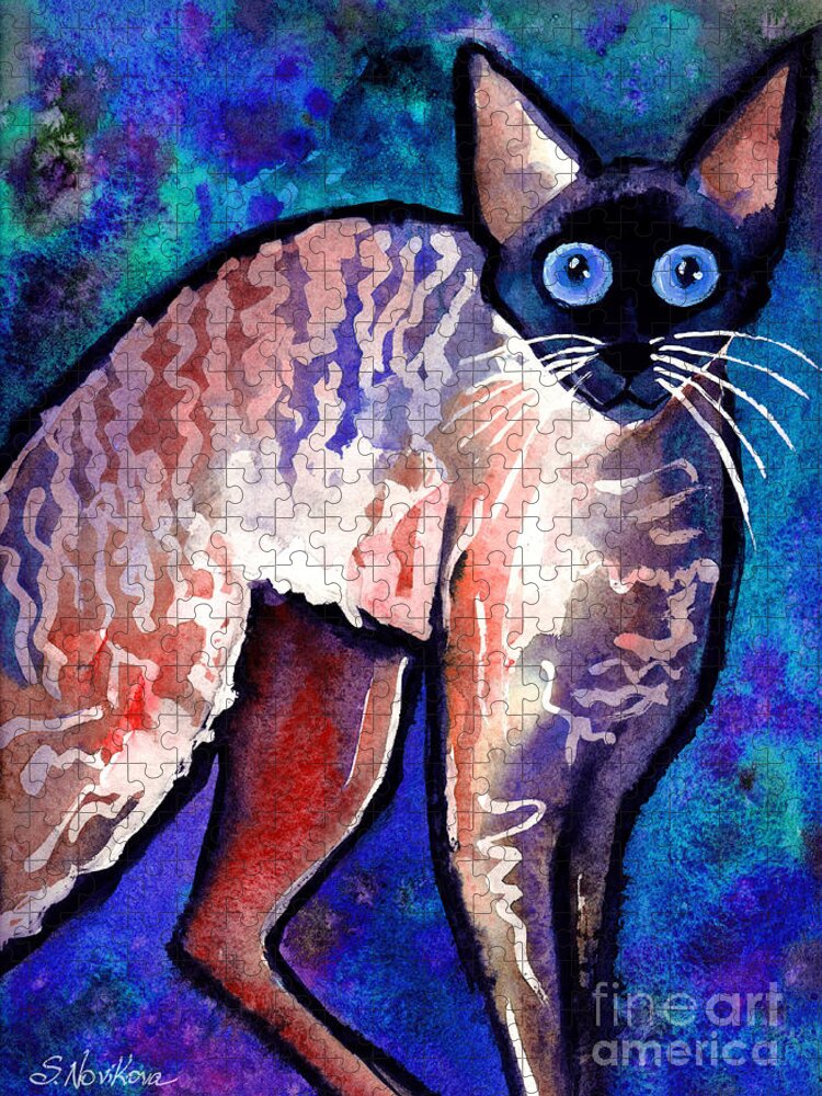 Cornish Rex Cat Painting Jigsaw Puzzle featuring the painting Startled Cornish Rex Cat by Svetlana Novikova