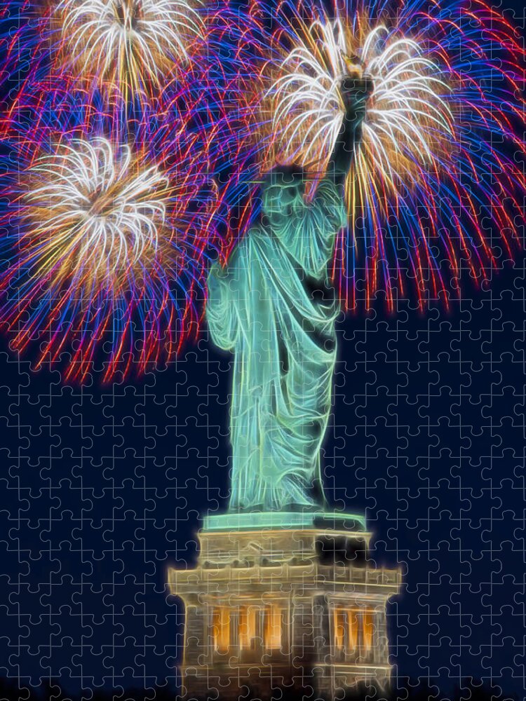 Statue Of Liberty Jigsaw Puzzle featuring the photograph Statue Of Liberty Fireworks by Susan Candelario