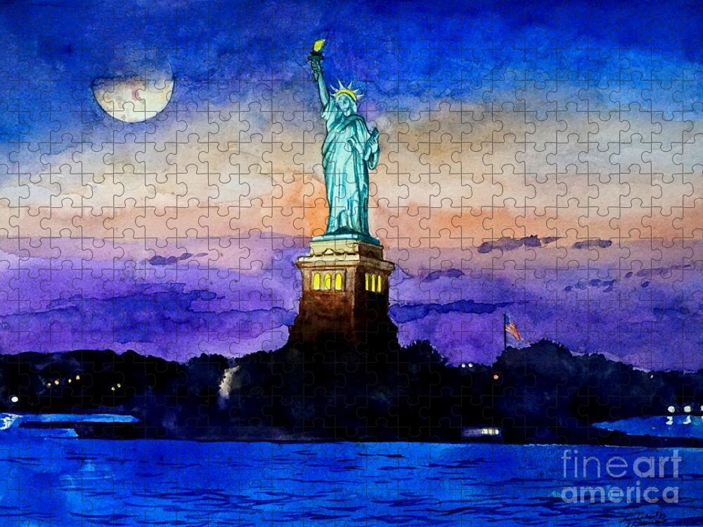 Statue Of Liberty Jigsaw Puzzle featuring the painting Statue of Liberty New York by Christopher Shellhammer