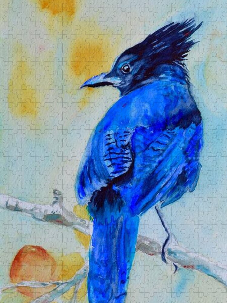 Jay Jigsaw Puzzle featuring the painting Steller's Jay On Aspen by Beverley Harper Tinsley