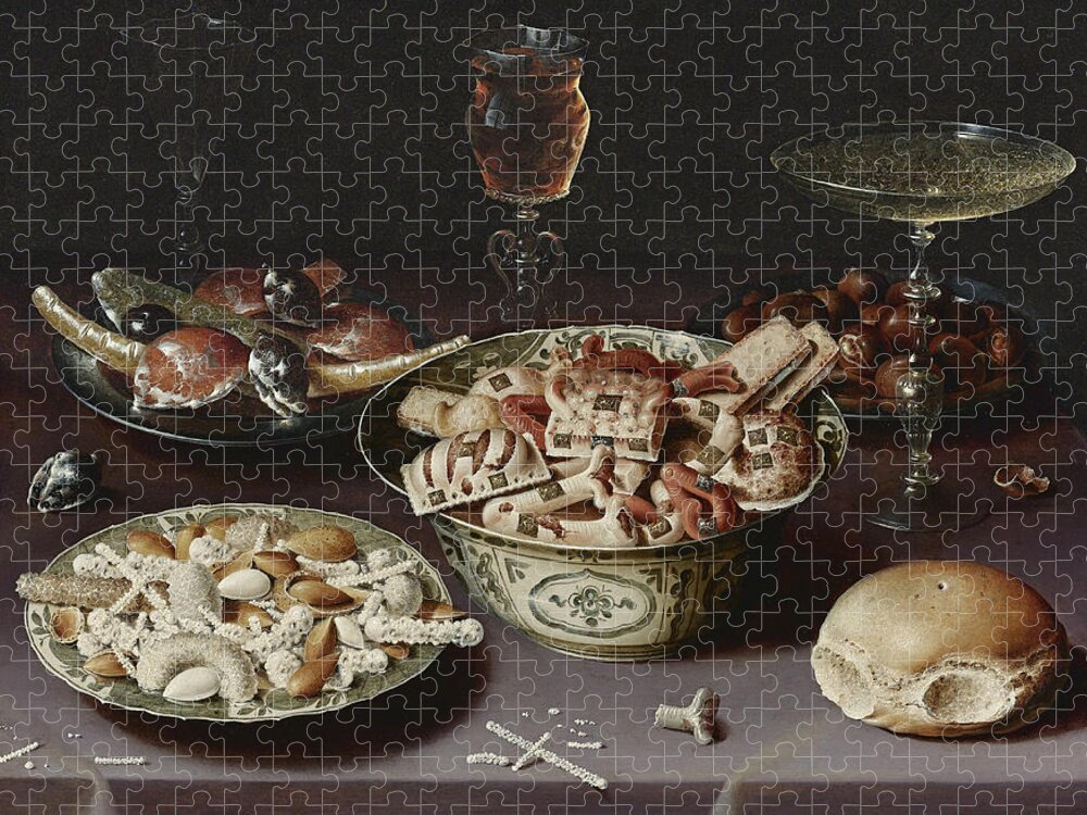Osias Beert Jigsaw Puzzle featuring the painting Still Life of Porcelain Vessels Containing Sweets by Osias Beert