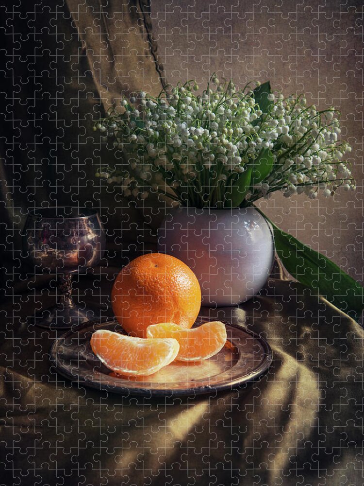 Basket Jigsaw Puzzle featuring the photograph Still life with fresh flowers and tangerines by Jaroslaw Blaminsky