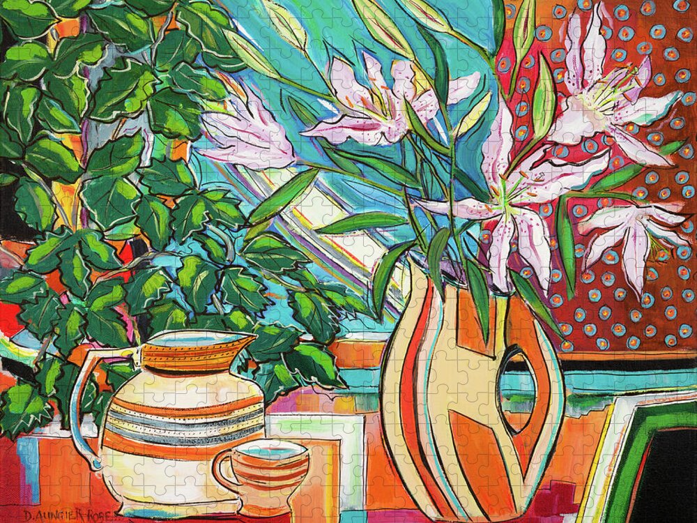 Acrylic Jigsaw Puzzle featuring the painting Still Life With Lilies, Vase And Jug by Seeables Visual Arts
