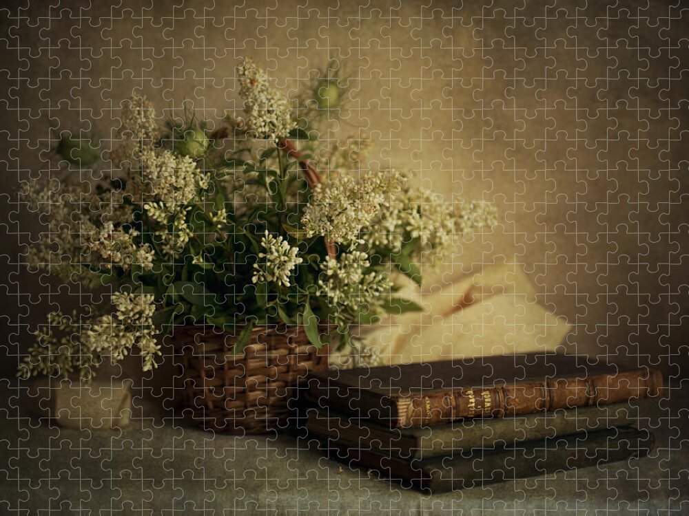 Still Life Jigsaw Puzzle featuring the photograph Still life with old books and white flowers in the basket by Jaroslaw Blaminsky