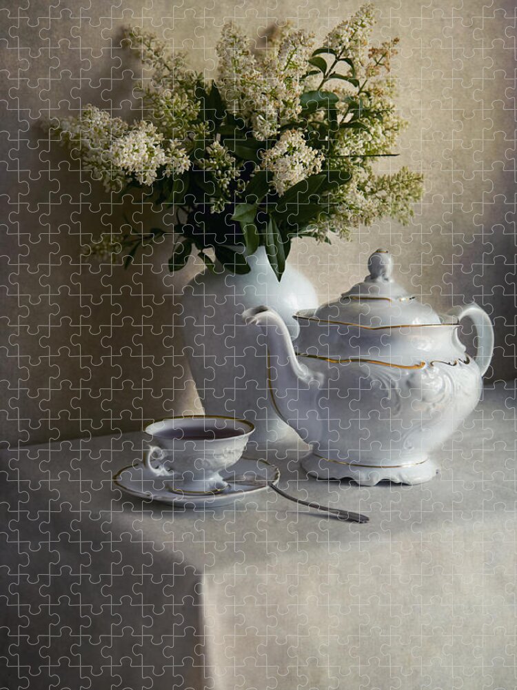 Still Life Jigsaw Puzzle featuring the photograph Still life with white tea set and bouquet of white flowers by Jaroslaw Blaminsky