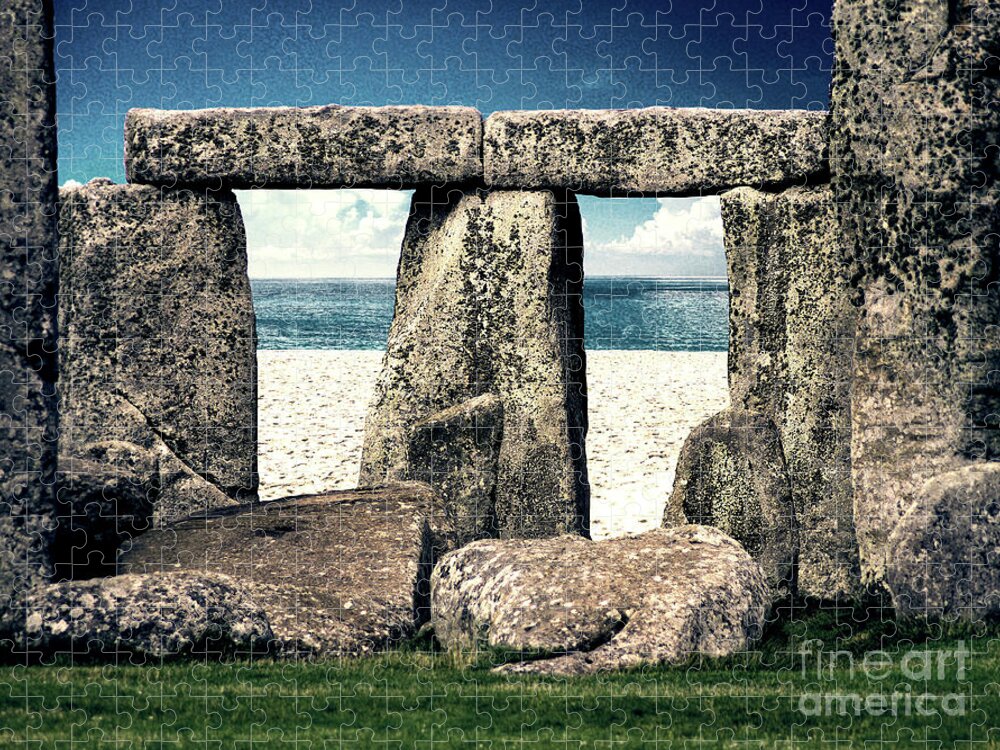 Stonehenge Jigsaw Puzzle featuring the digital art Stonehenge On The Beach by Phil Perkins