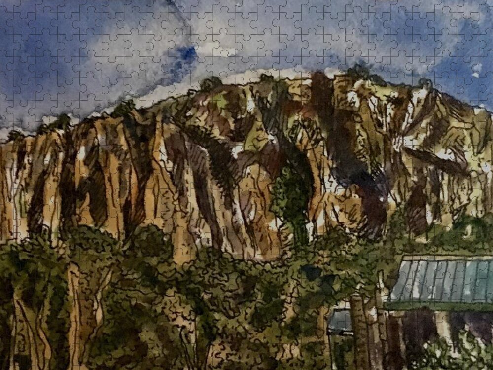 Landscape Jigsaw Puzzle featuring the painting Store at Davis Mountain's Base by Angela Weddle