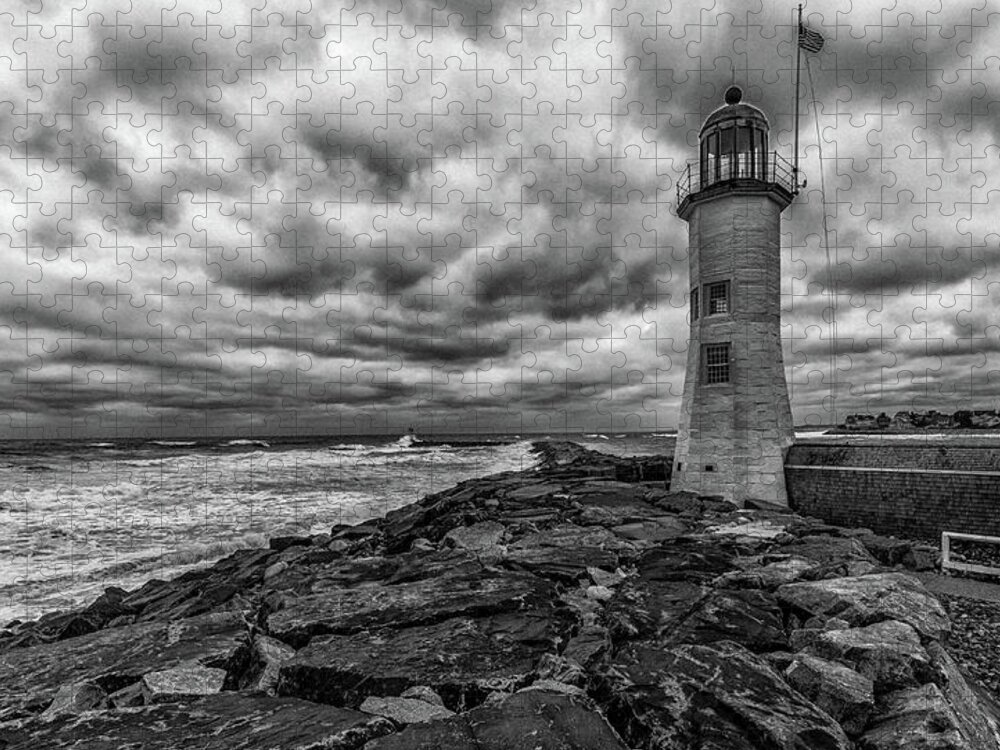 Storm Clouds Over Old Scituate Lighthouse In Black And White Jigsaw Puzzle featuring the photograph Storm Clouds over Old Scituate Lighthouse in Black and White by Brian MacLean