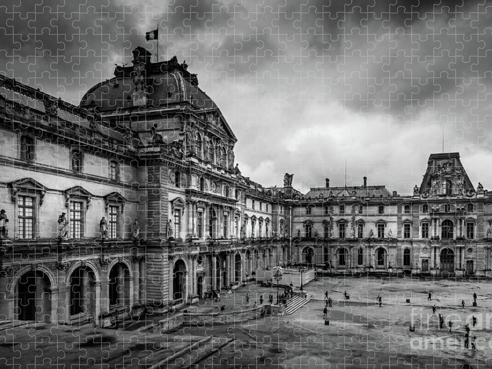Black And White Jigsaw Puzzle featuring the photograph Storm Clouds Over the Louvre, Paris by Liesl Walsh
