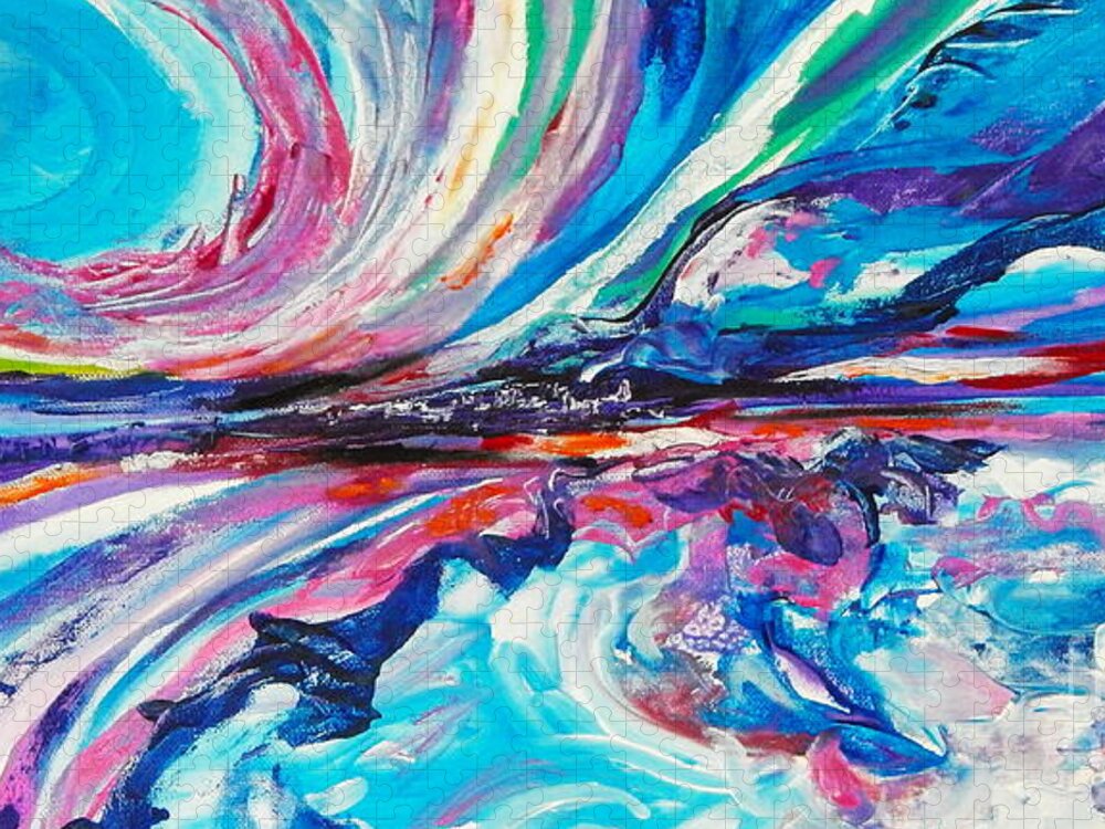 Dramatic Sky And Rough Seas Seem To Be The Theme In This Sweeping Vista Of Colors.blues Dominate .abstract Impressionist Seascape . Jigsaw Puzzle featuring the painting Storm in the Bay by Priscilla Batzell Expressionist Art Studio Gallery