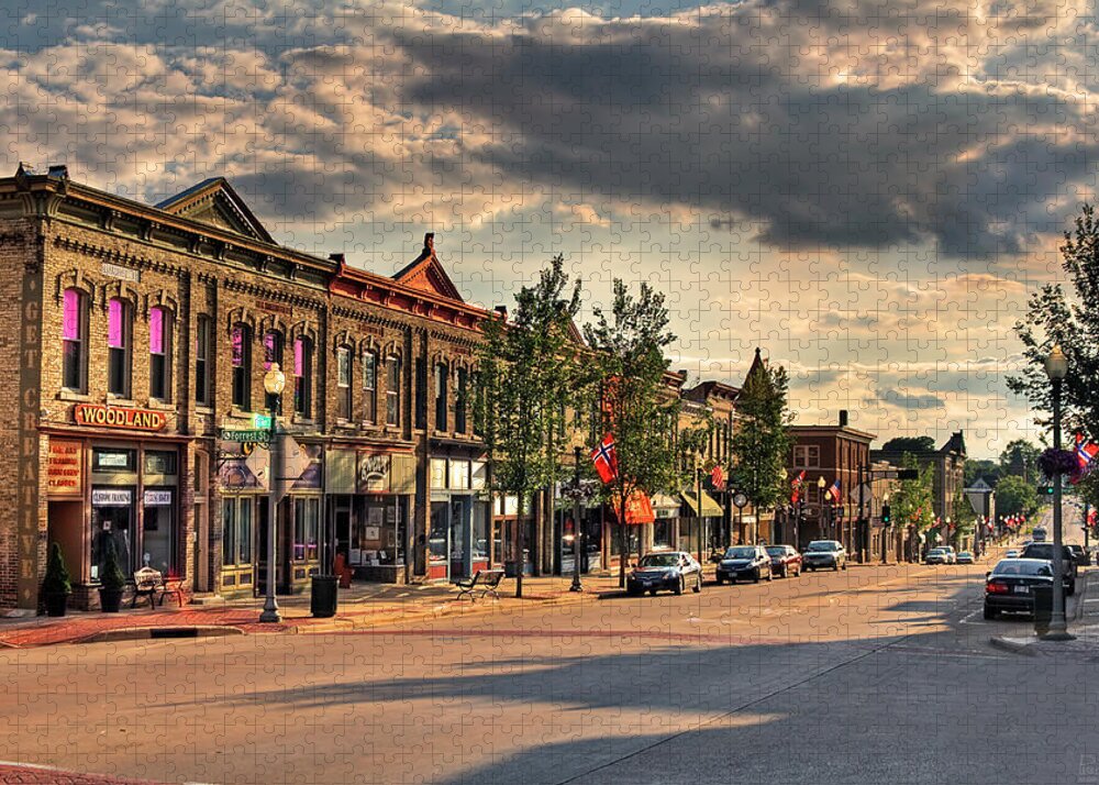 Stoughton Wi Wisconson Downtown Nostalgic Main Street Architecture Midwest Jigsaw Puzzle featuring the photograph Stoughton WI - Downtown Americana by Peter Herman