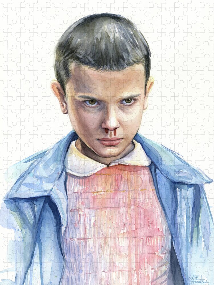 Strager Things Jigsaw Puzzle featuring the painting Stranger Things Eleven Portrait by Olga Shvartsur