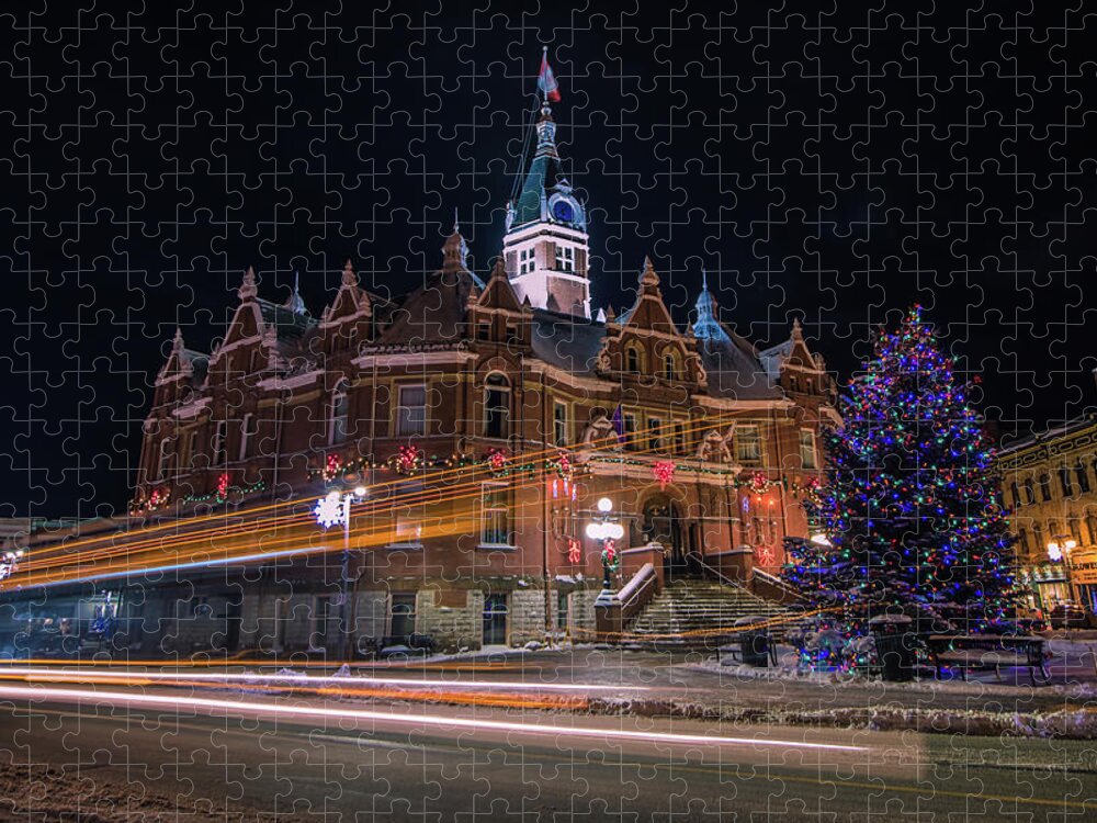 Stratford Jigsaw Puzzle featuring the photograph Stratford City Hall at night during the holiday season by Jay Smith