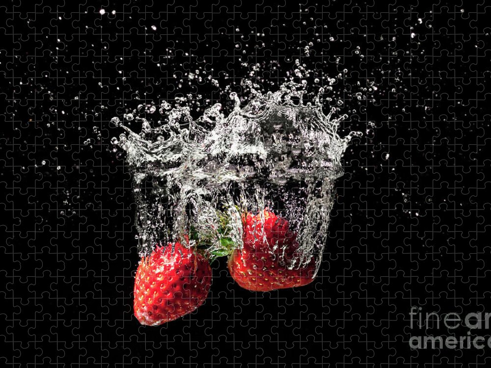 Strawberry Jigsaw Puzzle featuring the photograph Strawberry fruit big splash into water by Simon Bratt