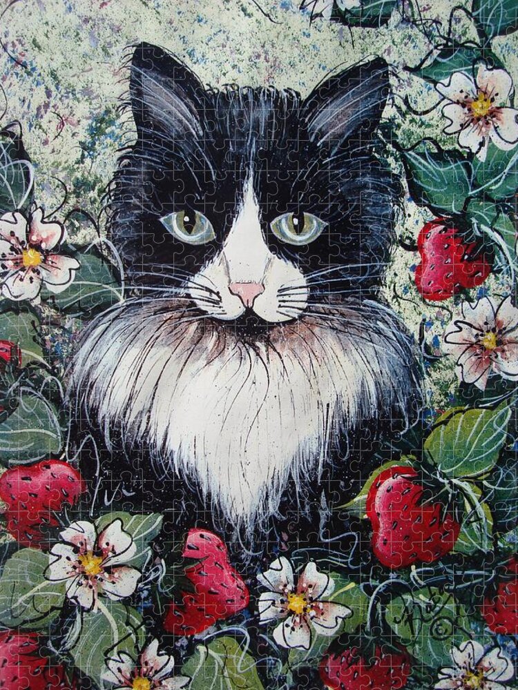 Cat Jigsaw Puzzle featuring the painting Strawberry Lover Cat by Natalie Holland