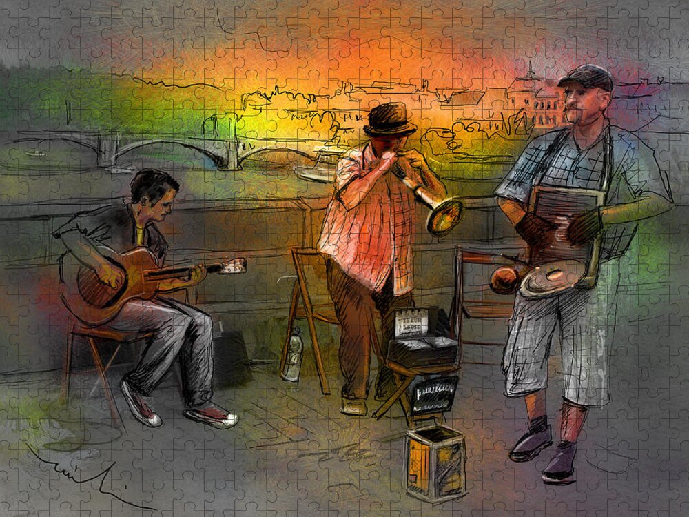 Music Jigsaw Puzzle featuring the painting Street Musicians in Prague in the Czech Republic 03 by Miki De Goodaboom