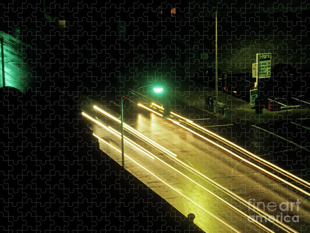 Street Scene Jigsaw Puzzle featuring the photograph Street Scene Car Lights by Jim Corwin