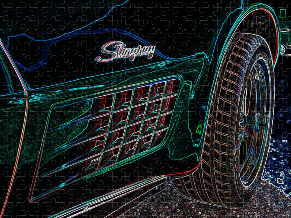 Corvette Jigsaw Puzzle featuring the digital art Stringray Neon by Darrell Foster