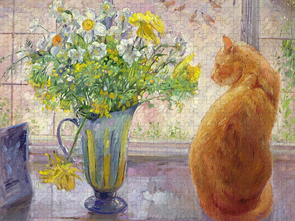 Ginger; Cat; Vase; Narcissi; Chicken; Pheasants Eye; Flower; Flowers ; Window; Open Window; Pheasant Jigsaw Puzzle featuring the painting Striped Jug with Spring Flowers by Timothy Easton