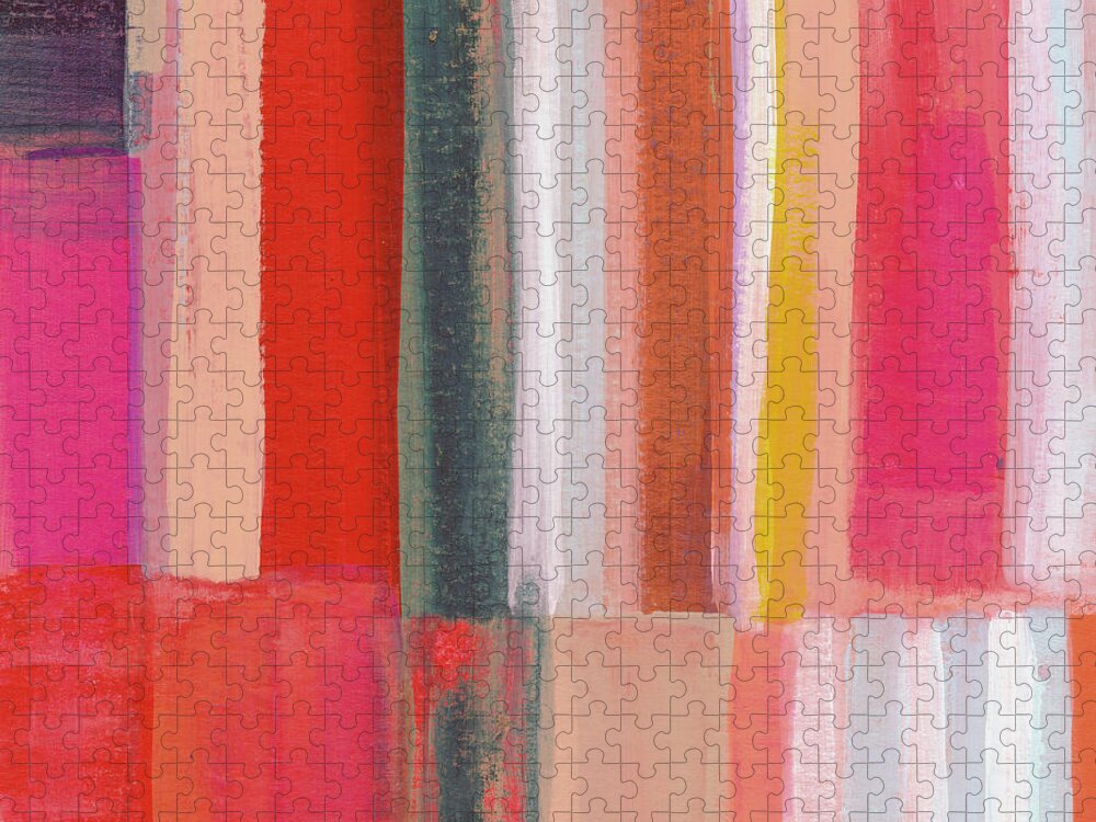 Abstract Modern Scandi Stripes Lines Square Large Colorful Colourful Pink Red Blue White Orange Texture Home Decorairbnb Decorliving Room Artbedroom Artloft Art Corporate Artset Designgallery Wallart By Linda Woodsart For Interior Designersgreeting Cardpillowtotehospitality Arthotel Artart Licensing Jigsaw Puzzle featuring the painting Stroget 1- Art by Linda Woods by Linda Woods