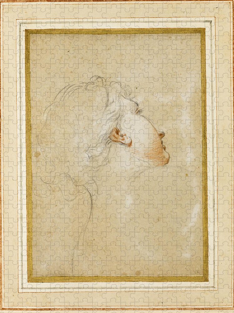 Attributed To Antonio Domenico Gabbiani Jigsaw Puzzle featuring the drawing Study of a young woman's head and shoulders seen from behind her face partly in profile by Attributed to Antonio Domenico Gabbiani