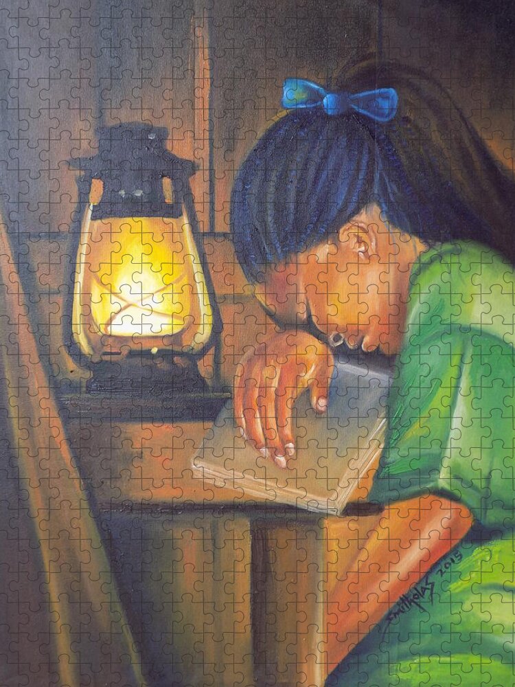 Studying Jigsaw Puzzle featuring the painting Studying by Olaoluwa Smith